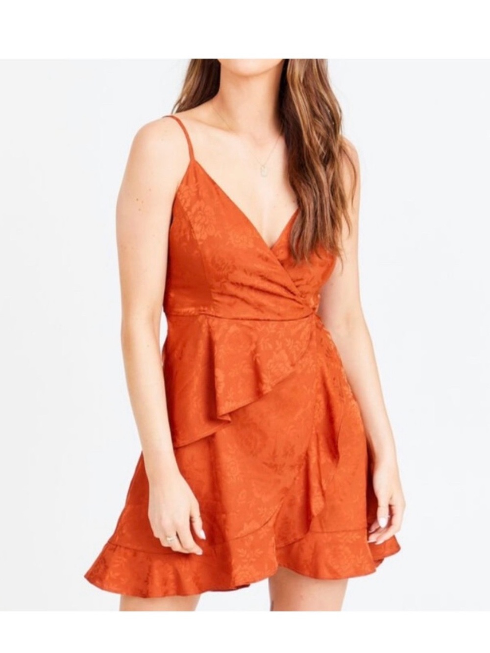 Altar’d State Rust Orange Satin Jacquard Mini Dress XS Floral Wrap Ruffle